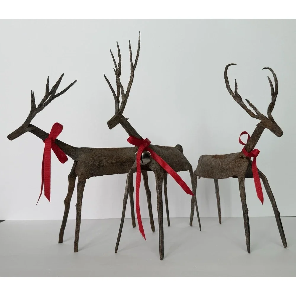 Handmade Rustic Iron Christmas Reindeer‎ Set of 3 - Twisted Antlers Patina Decor